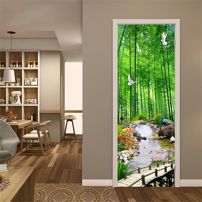artfanke 3D Door Sticker Peel and Stick 30.3"x78.7"-Self-Adhesive Door Wallpaper Mural Decal-Green Bamboo Forest Doves Wall Poster for Bedroom Home Office Decor (2 Sheets/Set) - Image 2
