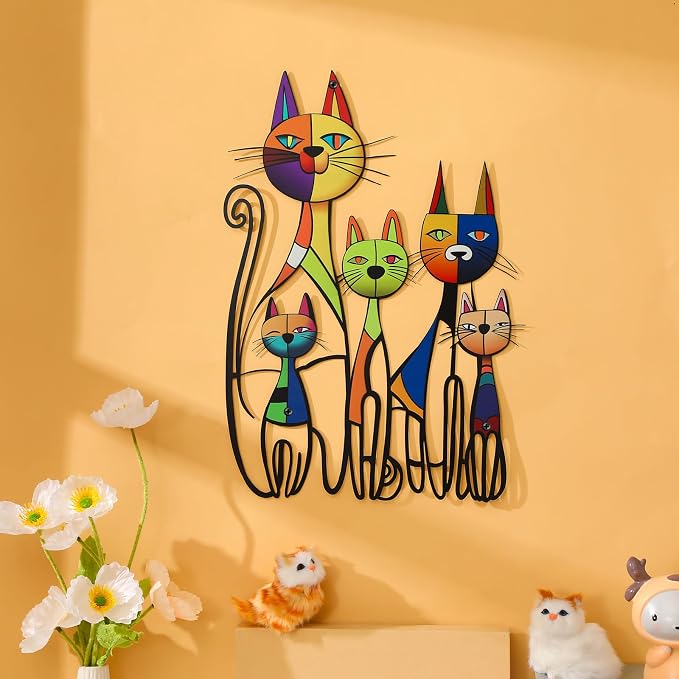 Wesiti Cat Wall Art Metal Sculpture, Colorful Mid Century 10.6x15.7 Inch | Iron Metal Wall Decor for Cat Lovers, Retro Geometric Art Design, Ideal for Living Room Bedroom Office - Image 3