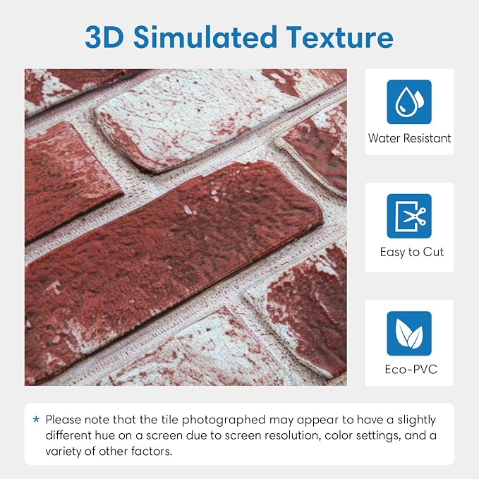 COMSTICKC 3D Faux Brick Wall Panels Peel and Stick, 10 Pcs 15.7" x 11.8" | Whitewashed Red, Not Real Brick, Ultra-Light Thin PVC Tiles, 3D Fake Brick Decorative Sticker Wall Covering, Cover 12.9 sq ft - Image 3