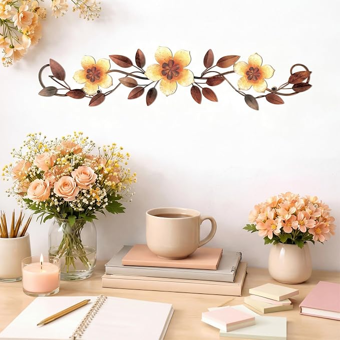 Wesiti Metal Flower Wall Decor Wrought Iron Scroll 15.7x3.7,Yellow | Vintage Metal Flower decor,Farmhouse Leaf Art with Nails, Flat Not 3D Design, For Bedroom Kitchen Indoor Outdoor Wall Decor - Image 3