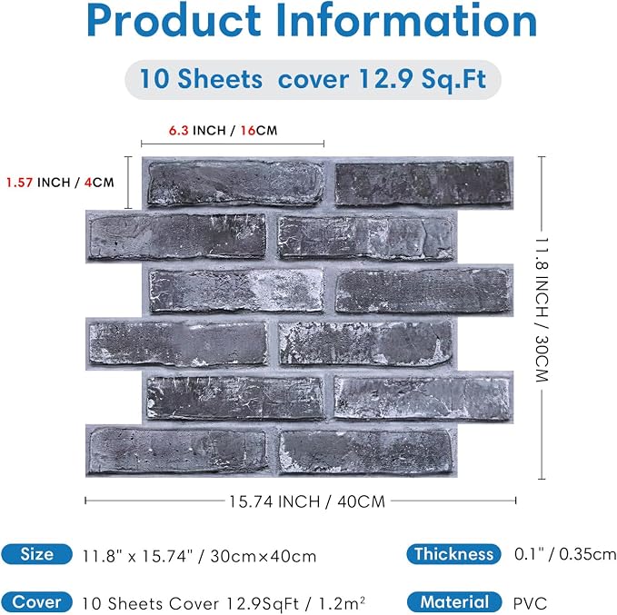 COMSTICKC 3D Faux Brick Wall Panels Peel and Stick, 10 Pcs 15.7" x 11.8" | Gray, Not Real Brick, Lightweight Thin PVC Wallpaper, Fake Brick Wall Sticker for Quick DIY Wall Upgrades, Cover 12.9 sq ft - Image 5