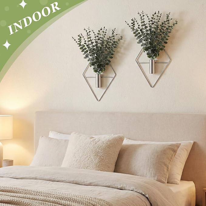 Jexine 8 Pcs Hanging Artificial Planters Wall Decor, Silver, Eucalyptus | Bathroom Wall Decor, Geometric Metal Vase, Indoor Plants, Living Room, Home Office, Entryway, Boho Accent, Wall Mounted - Image 7