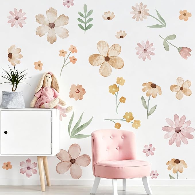 Boho Flower Wall Decals, Pink Watercolor Floral Art Sticker for Girls' Room, Bedroom, Nursery and DIY Cute Wall Decor (Cute Wildflower Decals) - Image 7