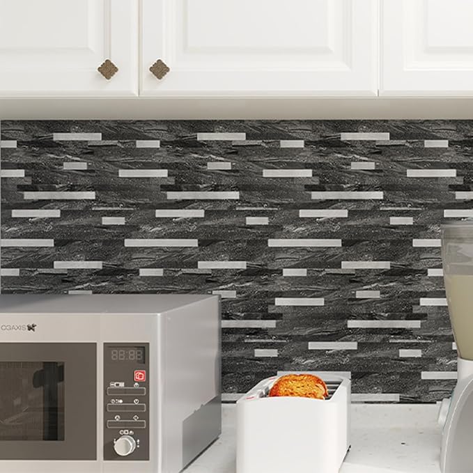 KASARO Peel and Stick Marble Backsplash Tile, 10 Sheets, Black Marble with Silver Embellished Stripes, Self-Adhesive Wall Tile for Kitchen, Bathroom, Fireplace, RV (11.4” x 10.6”) - Image 5