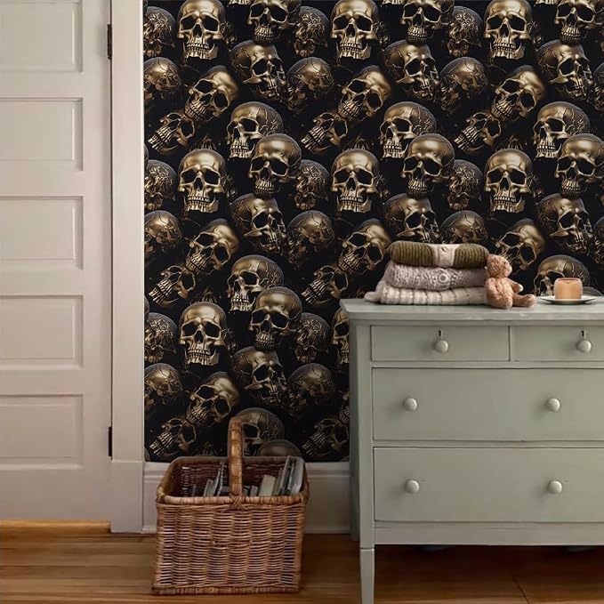18"x236" Black Gold Creative Gothic Skull Peel and Stick Self Adhesive Wallpaper Removable Contact Paper Stick on Easy Peel Off Wall Paper for Kitchen Bedroom Bathroom Renter - Image 3