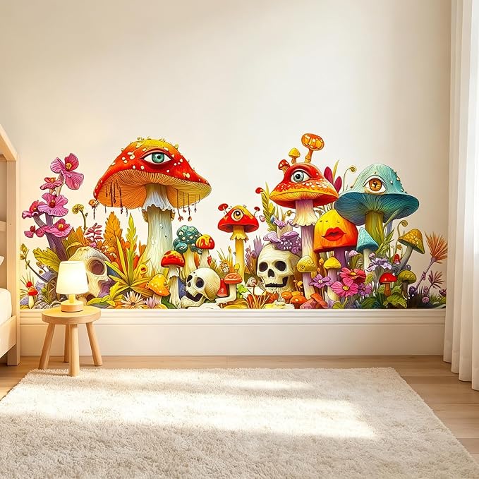 Psychedelic Skull Magic Mushroom Wall Decals, Floral Flower Wall Stickers | Hippie skull peel and stick removable flowers vinyl wall decor mural art for bedroom living room classroom office by VePret