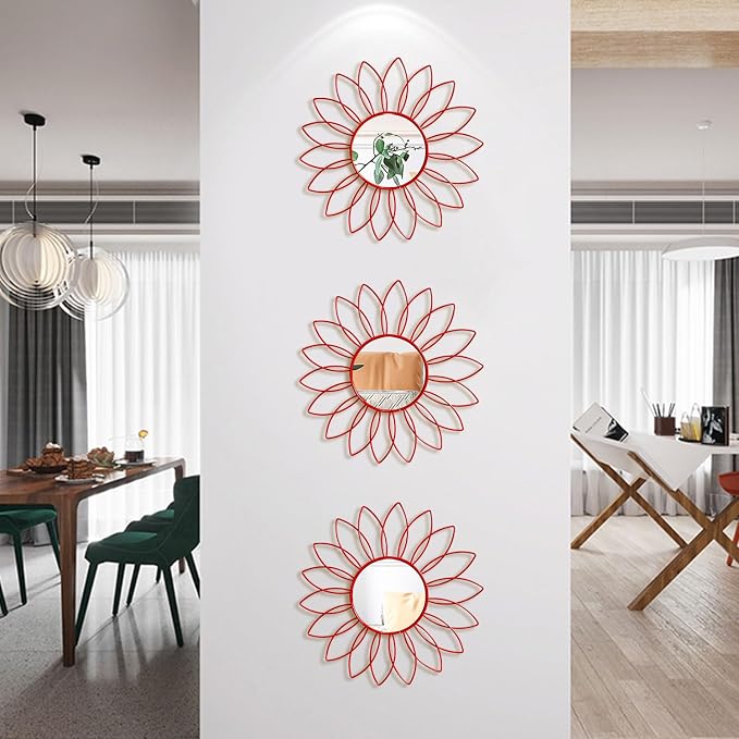 3 Pack Metal Mirrors for Wall Sunburst Wall Mirrors Home Décor Decorative Hanging Wall Art for Living Room Bedroom Entryway (Red, Flowers) - Image 4