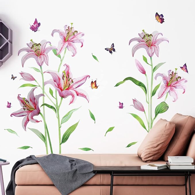 Pink Lily Flowers Wall Sticker Lifelike Romantic Lilys Floral Wall Decals Color Butterfly Green Stem Leaves Removable Art Decor for Home Living Room Girls Bedroom Playroom Bathroom Nursery - Image 5
