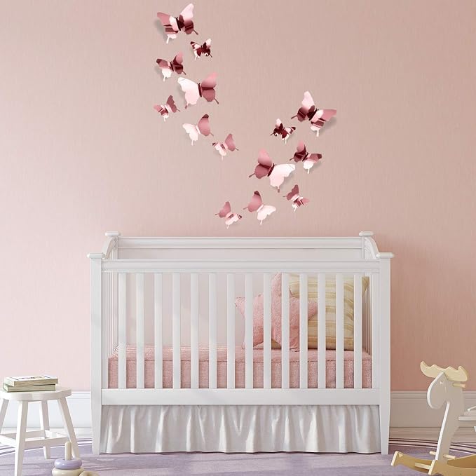 BBTO 48 Pcs 3D Butterfly Mirror Wall Decor,Rose Gold | Butterfly Stickers,3 Sizes,for Birthday Party Cake,Room Nursery Bathroom Wall Decor,Removable Peel Stick,Reflective - Image 4