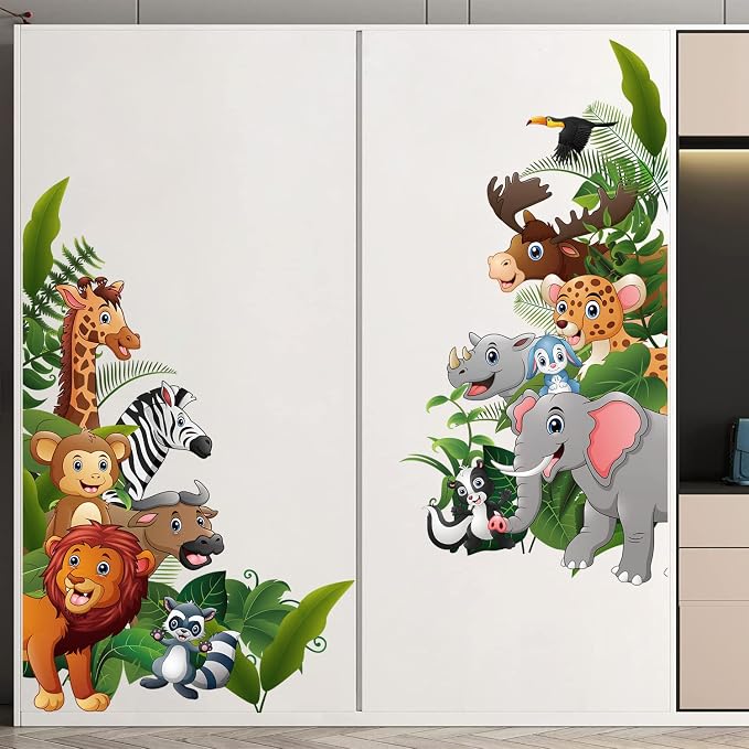 Supzone Jungle Animal Wall Stickers Cartoon Animal Wall Decal Elephant Monkey Giraffe Lion Wall Decor DIY Vinyl Mural Art for Kids Baby Nursery Bedroom Living Room Playroom - Image 5