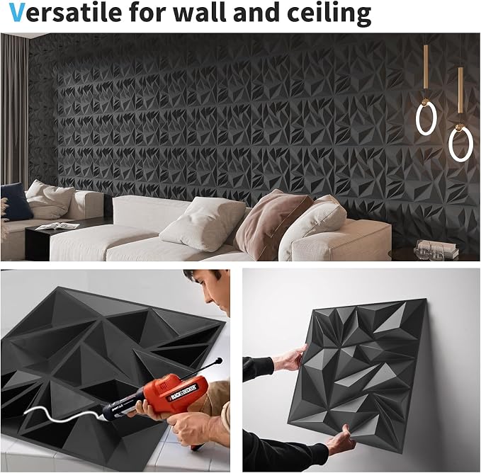 Art3d 33-Pack 3D Wall Panels for Interior Wall Decor, Modern Diamond Textured Accent Wall Paneling for Gaming Living Room TV Wall Background, 12 x 12 inch Black - Image 6