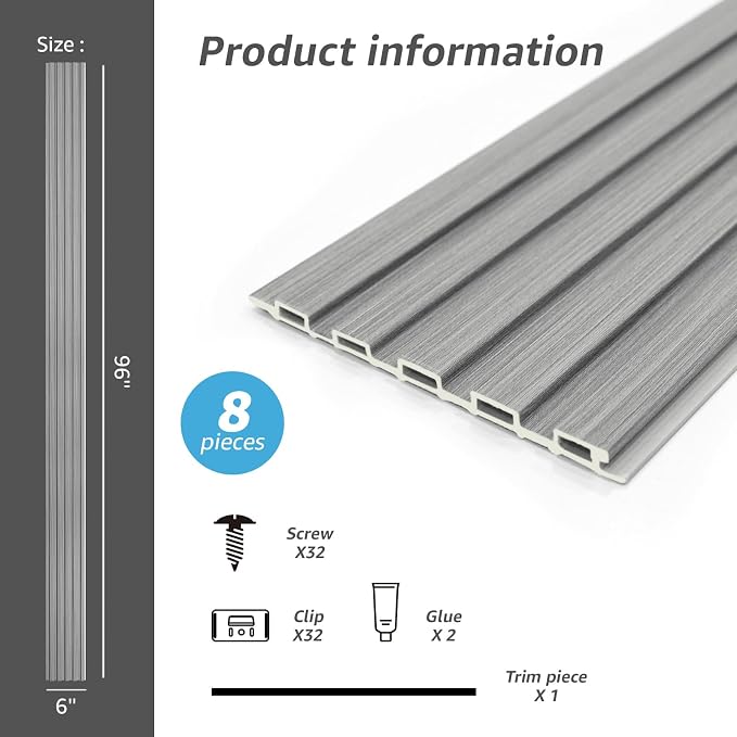 Art3d 96 x 6 Inch WPC 3D Wood Textured Slat Wall Panels, 8-Pack, Gray Oak | Stylish Slat Design, Waterproof, Weather Resistant, Eco-Friendly, Long-Lasting, Easy to DIY, Ideal for Interior Wall, Bedroom - Image 6