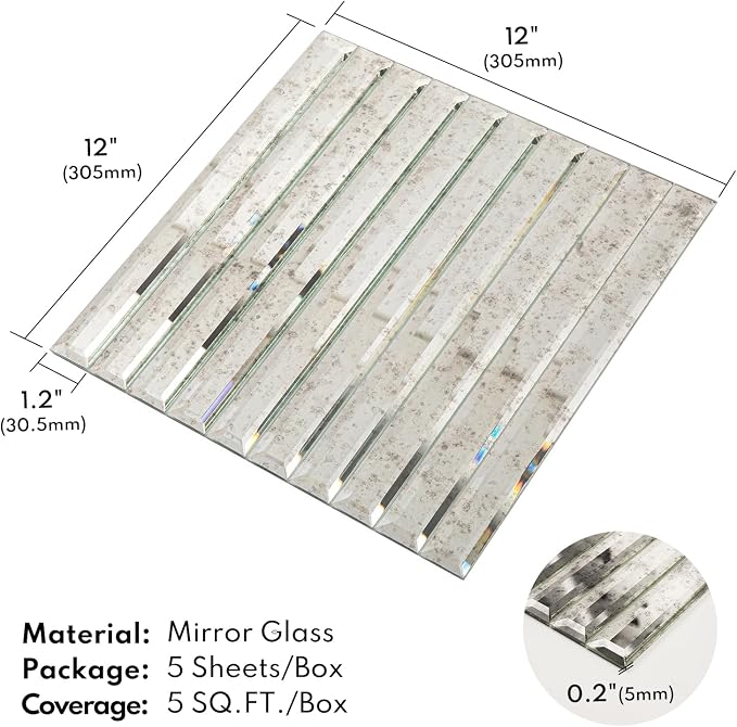 Lovdeco Peel and Stick Antique Mirror Strip Tile, 1.2 x 12 Inch Strip Mirror Tiles for Kitchen Backsplash and Bathroom Wall (5 Pieces, 5 SQ.FT.) - Image 2