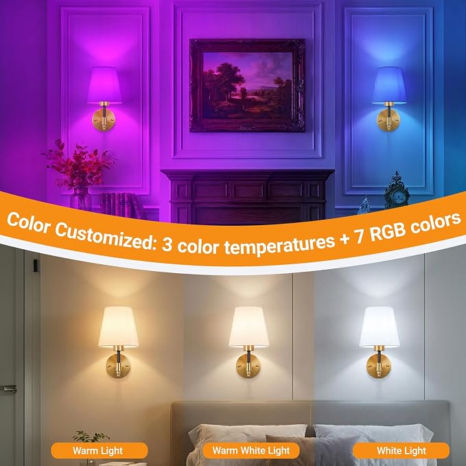 Nekhung Battery Operated Wall Sconce, Peel and Stick Sconces Set of 2 | Wireless Adhesive Stick On Wall Sconce, 10000mAh Rechargeable RGB Bulb with Remote, No Drill Wall Light for Bedroom Decor - Image 5