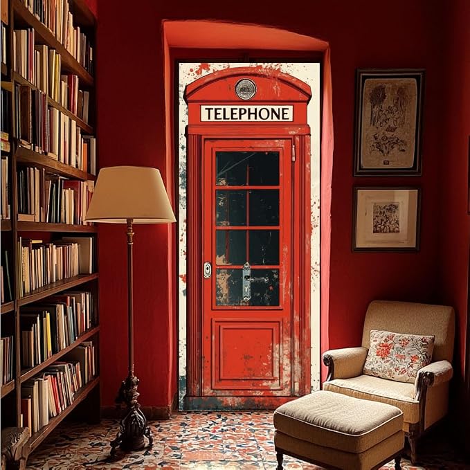 arricraft 2 Pcs Self-Adhesive Door Sticker, 31.5"x78.7" Red Vintage Phone Booths Door Murals Stickers PVC Door Removable Wallpaper Decoration for Bedrooms ​Living Room - Image 6