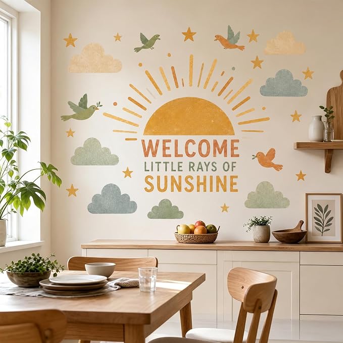 Boho Sun Wall Decal Watercolor Modern Half Sun Wall Decal Sun Cloud Birds Wall Stickers Vinyl Sticker for Classroom Playroom Bedroom Wall Decor - Image 7