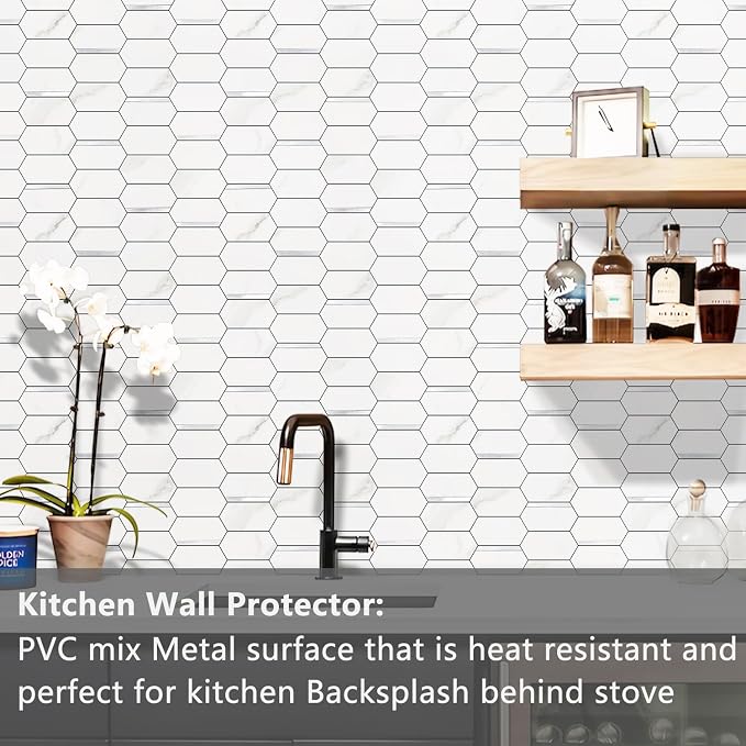 Vamos Tile Long Hexagon Peel and Stick Backsplash Tile - 10 Sheets Stick on Backsplash for Kitchen and Bathroom 12.4 x 12 Inch White Marble Look PVC Mixed Metal Silver Self Adhesive Mosaic Wall Tiles - Image 2