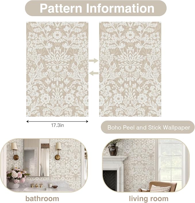 Toduso Peel and Stick Wallpaper Boho Beige Wallpaper Floral Contact Paper Removable Self Adhesive Waterproof Wall Paper for Bathroom Bedroom Living Room Thicken Vinyl Roll 17.3" x 393.7" - Image 9