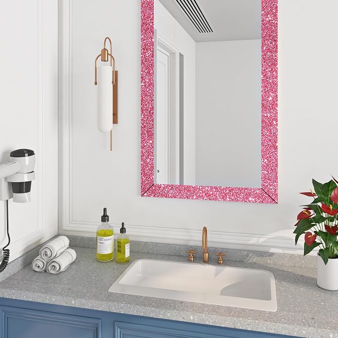 FunStick 3.9"x472" Dark Pink Glitter Peel And Stick Bathroom Mirror Frame Self Adhesive Sparkle Pink Wall Paper Stickers For Classroom Bulletin Board Waterproof - Image 2