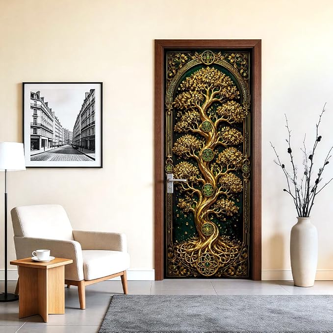 Golden Tree Fantasy Peel and Stick Door Mural 30.31x78.74 in | Golden tree in an arched fantasy panel; self-adhesive vinyl that smooths onto flat game room or bedroom doors - Image 2