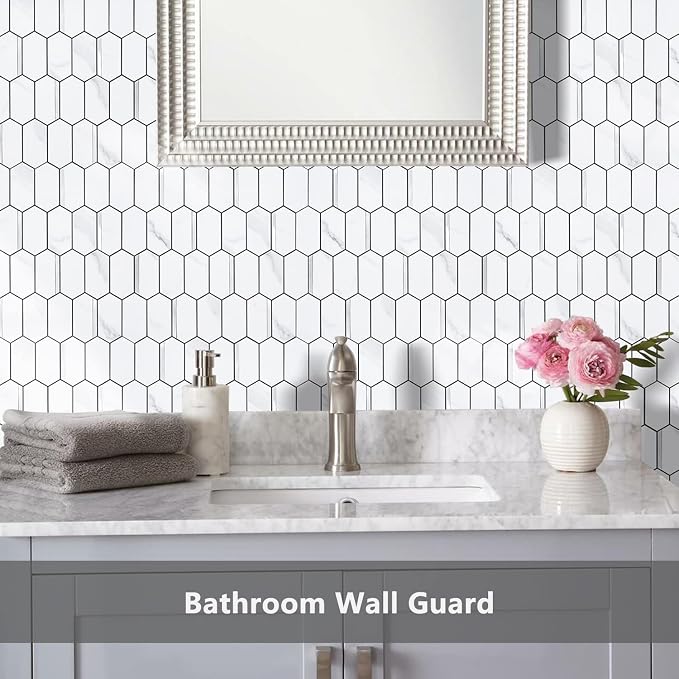 Vamos Tile Long Hexagon Peel and Stick Backsplash Tile - 10 Sheets Stick on Backsplash for Kitchen and Bathroom 12.4 x 12 Inch White Marble Look PVC Mixed Metal Silver Self Adhesive Mosaic Wall Tiles - Image 6