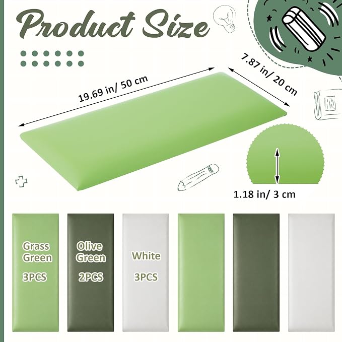 Hahafelt Wall Padding for Playroom Peel and Stick Headboard 3D Anti Collision Upholstered Wall Panels Self Adhesive Headboard(19.69" × 7.87" × 1.18",Fresh Green,8 Pack) - Image 2