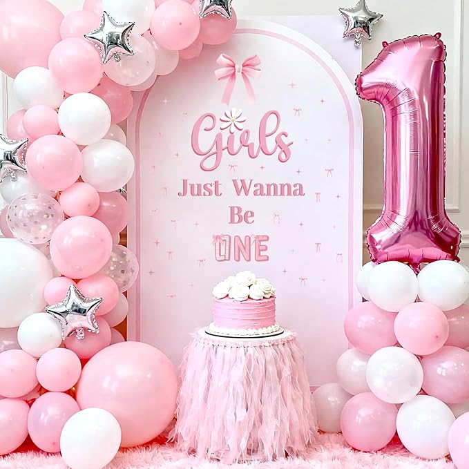 LHIUEM Pink Girls Just Wanna Be One First Birthday Decals Pink Bow Knot 1st Birthday Party Stickers for Girl Gift Birth Theme Girls Just Wanna Be One wall Decal Banner for Arch Baby Shower Backdrop by LHIUEM