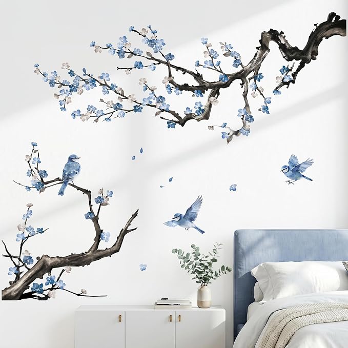 Peelora Watercolor Blue Flower Branch Wall Stickers Blossom Tree Branch Floral Bird Wall Decals Living Room Bedroom Tv Background Self-Adhesive Home Decor Stickers - Image 2