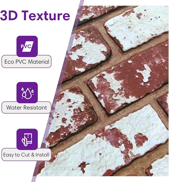 3D Peel and Stick Faux Brick Wall Panels 15.7" x 11.8" 10-Pack | Whitewash Red, Brick-Look Textured Sticker, Thin Lightweight PVC Self Adhesive Wall Tile for Interior Decor, Cover 12.9 sq ft - Image 3