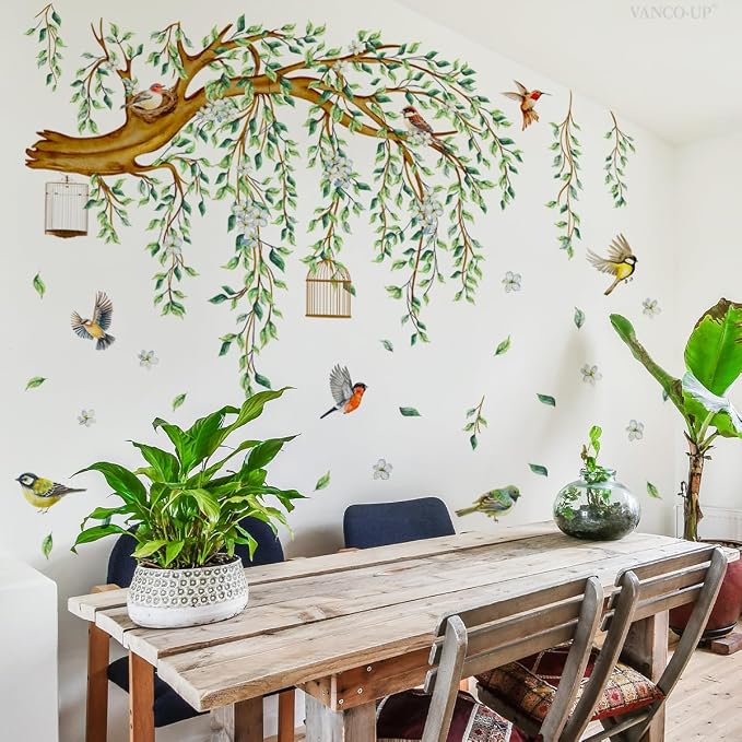 Large Tree Branch Wall Decals Hanging Green Vine Leaves Birds Nest Wall Art Stickers Spring Blossom Flower Tree Home Decor Murals for Living Room Bedroom Tv Background Decor - Image 6