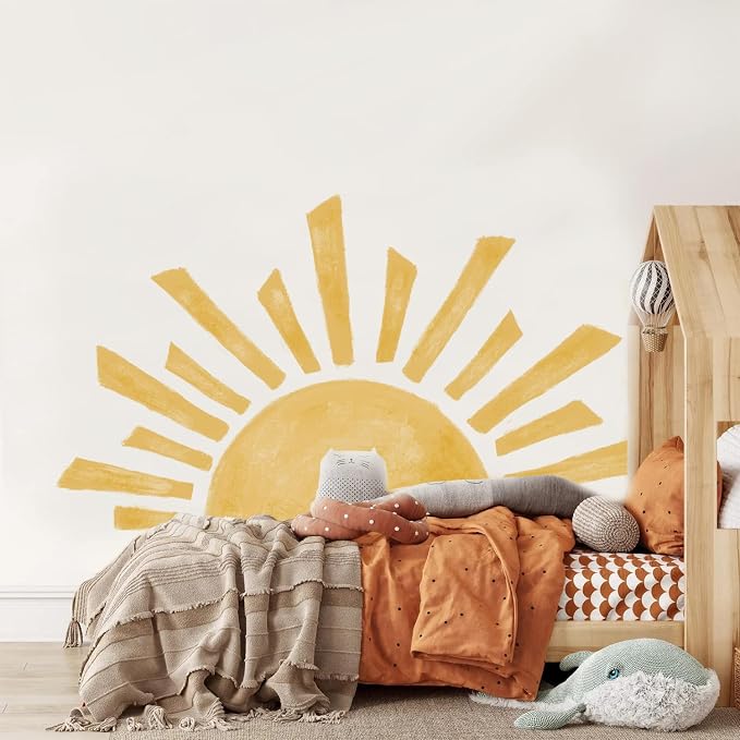 Large Watercolor Boho Sunshine Wall Decal for Kids Playroom | 47.28" x 26.40" Calming Half Sun Wall Sticker, Peel and Stick Sun Rise Wall Mural for Toddler Room and Classroom by astrkiz