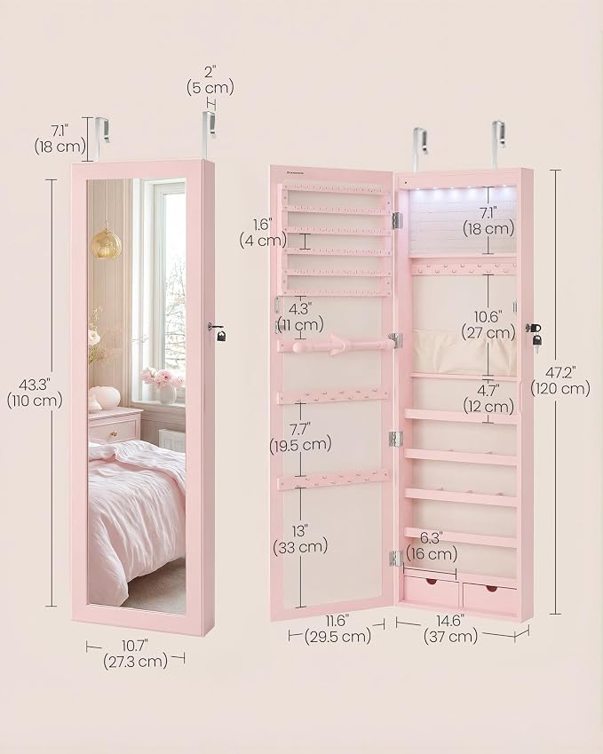 SONGMICS 6 LEDs Mirror Jewelry Cabinet, 47.2-Inch Tall, Lockable - Image 5