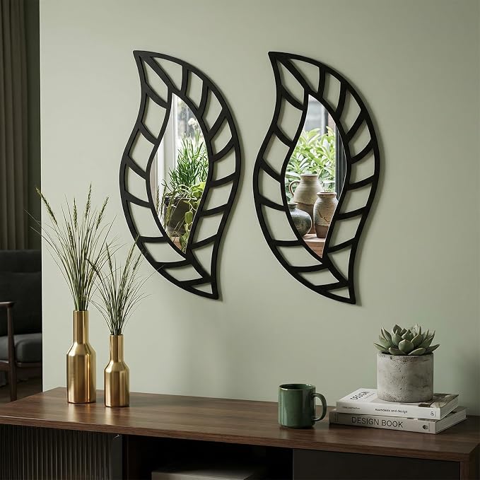 2 Pack Leaf Teardrop Wall Mirrors, 7.87x15.75 inches Black Decorative Wall Mounted Mirrors Acrylic Walls Mounted Decorations for Living Room Bedroom Bathroom Vanity Entryway Home Decor by Unknown
