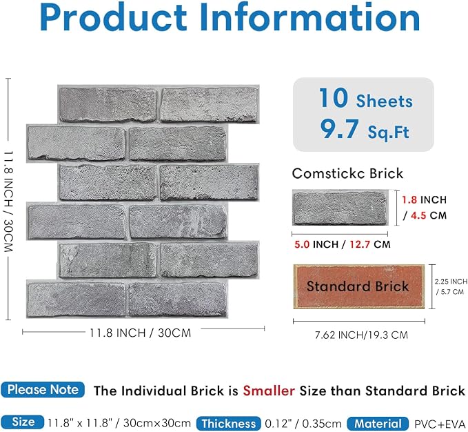 COMSTICKC 3D Peel and Stick Faux Brick Wall Panels for Quick DIY Wall Decor | Gray, 10 Pcs 11.8" x 11.8", Not Real Brick, Small Size Brick, Lightweight Thin PVC Decorative Wall Sticker, Cover 9.7 sq ft - Image 4