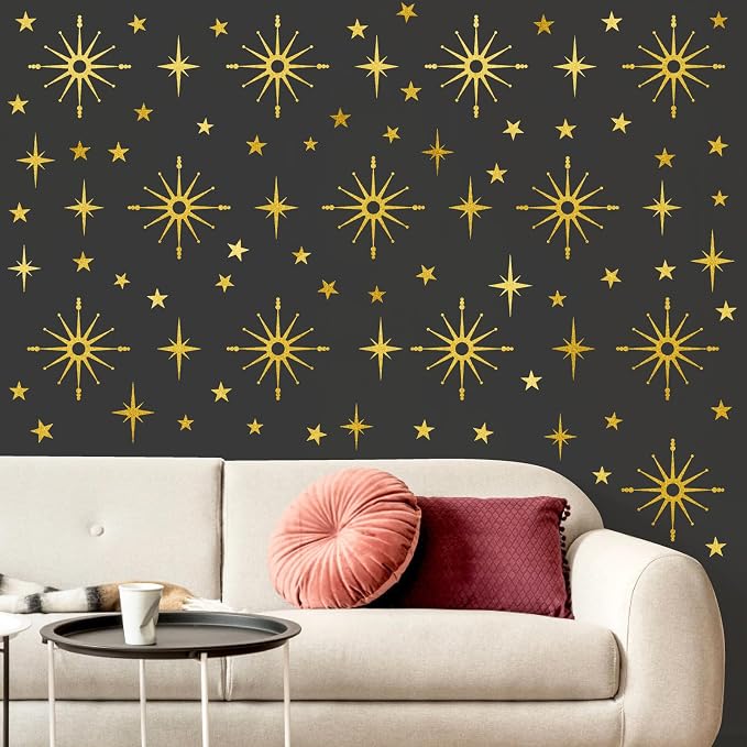Gold Star Wall Sticker Retro Starburst Peel and Stick Decal for Living Room | Wall stickers, modern mid century decor, atomic removable art mural, ceiling stars, peel and stick, for kids bedroom nursery - Image 8