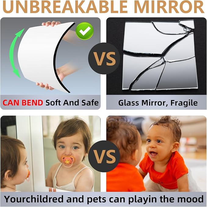 Stick on Small Mirror for Wall Decor, Plastic Non Glass Sticky Kids Safety Toddler Mirrors, 4 Pack 16”x12” Acrylic Mirror Tiles, Shatterproof Mirrors Sheet for Bedroom Closet，Gym Body Mirror's - Image 5