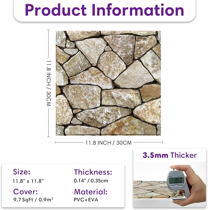 3D Peel and Stick Faux Stone Wall Panels 11.8" x 11.8" 10-Pack | Washed Yellow Brown, Stone-Look Textured Wall Sticker, Thin PVC Self Adhesive Wall Tiles for Interior Decor, Cover 9.7 sq ft - Image 3