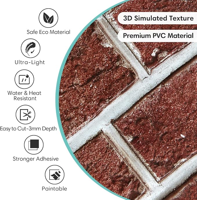 Commomy Faux Brick Panels Peel and Stick Wall Stickers 10 Pcs 11.8" x 11.8" | Small Size Thin PVC Red Fake 3D Brick Wallpaper for Kitchen,Fireplace,Home Office,Wall Covering Decor(Covers 9.7 sq.ft) - Image 3