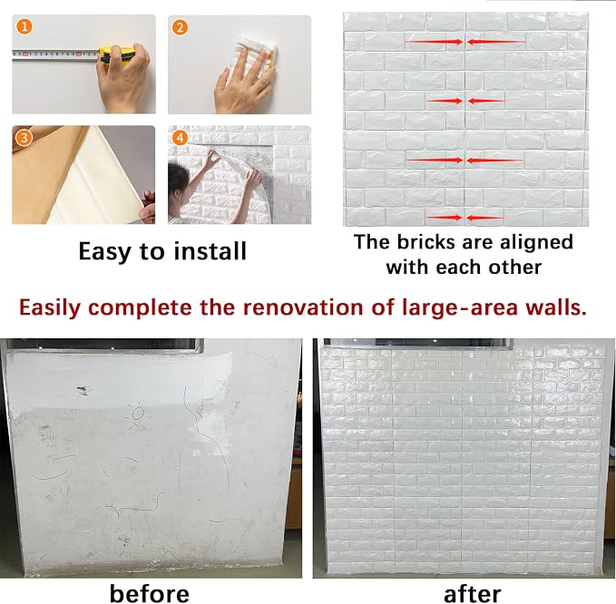 YU LI 3DH 3D Wall Panels Peel and Stick 30PCS White Foam Brick Wallpaper for Bedroom Faux Stone Wall Panel Self-Adhesive Wallpaper (30PCS-29 Sq Ft, White) - Image 6