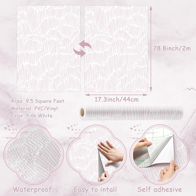 Theper Pink Contact Paper Striped Peel and Stick Wallpaper Boho 17.3"×78.8" | Simple Modern Removable Self Adhesive Wallpaper for Bedroom Cabinets Waterproof White and Pink Wall Paper Vinyl Roll - Image 3