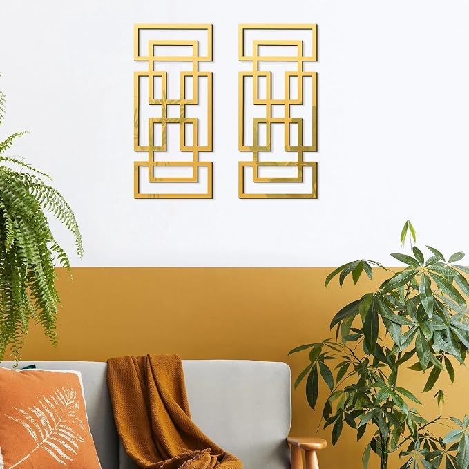 2 Piece Gold Rectangular Wall Mirrors, 15.7×7 Inch Geometric Wooden Frame Acrylic Wall-Mounted Modern Mirror Decor for Bathroom Bedroom Living Room Office Farmhouse Home Decorations - Image 3