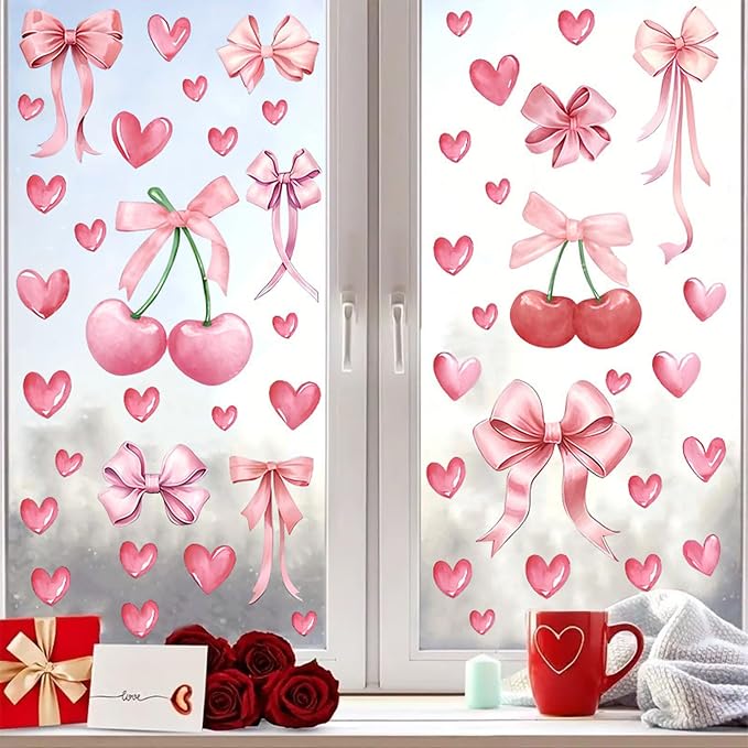 Arawat 58pcs Bowtie and Cherry Room Decor Pink Wall Stickers and Decals for Bedroom Bathroom and Living Room Cherry Wall Sticker and Decal Bow Decor - Image 6