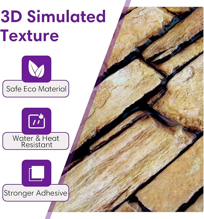 3D Peel and Stick Faux Stone Wall Panels 11.8" x 11.8" 10-Pack | Earthy Yellow, Stone-Look Textured Sticker, Thin Lightweight PVC Self Adhesive Wall Tiles for Interior Decor, Cover 9.7 sq ft - Image 4