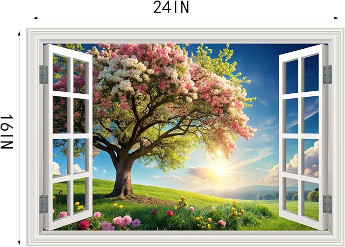 Fake Window Wall Mural Spring Green Flowers Tree Art Poster Faux Window Wall Sticker for Office Home Room Decor, Peel and Stick Wall Decals 24" x 16" - Image 6