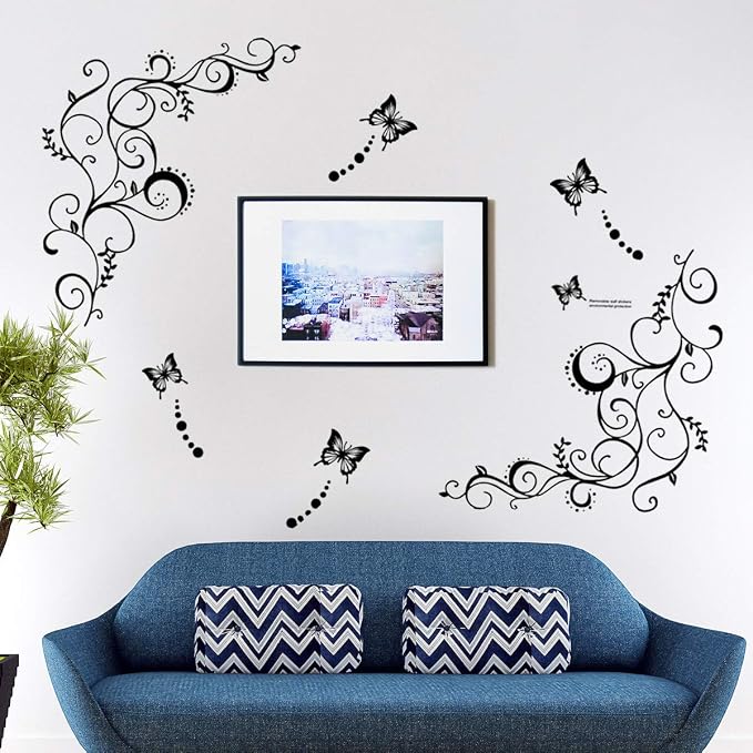 Hot Fashion Removable Vinyl DIY Black Nursery Flowers Vine and Beautiful Butterfly Wall Corner Decals Wall Sticker Murals Home Art Decor for Girls Kids Bedroom Living Room Home Decorations - Image 3