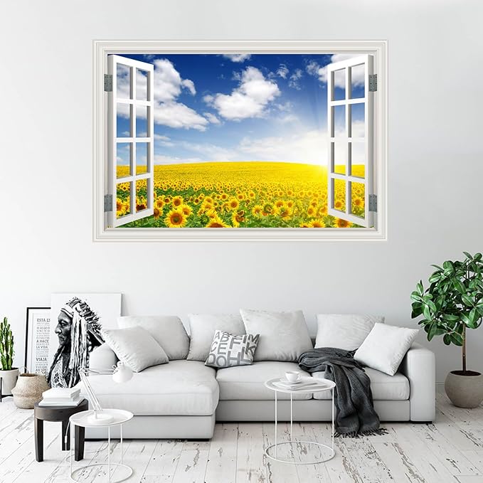 Fake Window Wall Mural Sticker -Summer Sunrise Green Grassland Flower Decal | Faux Window Natural Scenery Landscape Decorations｜Stick and Peel Art Decals｜Room Bedroom Office Scene Picture Decor｜24"x16" - Image 5