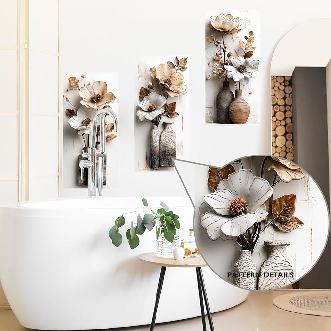 3D Plants Wall Stickers,3 PcsFloral Wall Decals with Embossed Lotus Petals and Ceramic Vase Elements, Peel and Stick Wall Murals Decor for Living Room Bedroom Dining Room - Image 5