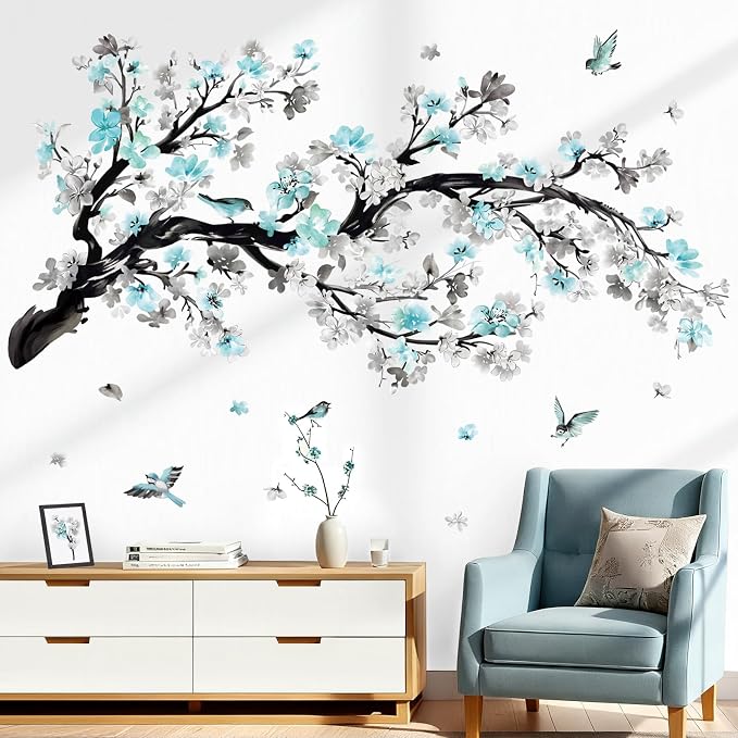 wondever Blue Flower Branch Wall Decals Blossom Tree Birds Wall Stickers | Peel and Stick, Removable, Wall Art Decals, Wall Decoration, Living Room Bedroom, Office Sofa TV Home Wall Decor - Image 3