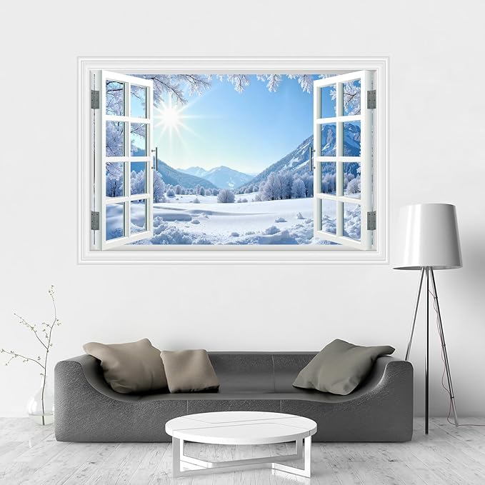 Fake Window Wall Decal- Winter Sunshine Snow Mountains Open Wall Sticker | Faux Window Conifer Forest Snowfield Natural Landscape Mural｜Stick and Peel Wall Decals｜for Home Room Scene Decor｜24"x16" - Image 8