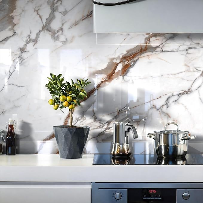 Marble Peel and Stick Waterproof Wall Paneling, 118" x 47" Calacatta Gold Glossy Finish Self-Adhesive Backsplash Tile Vinyl Wall Panel for Kitchen Bathroom Wall Decor, Covers 38.75 Sq. Ft. - Image 8